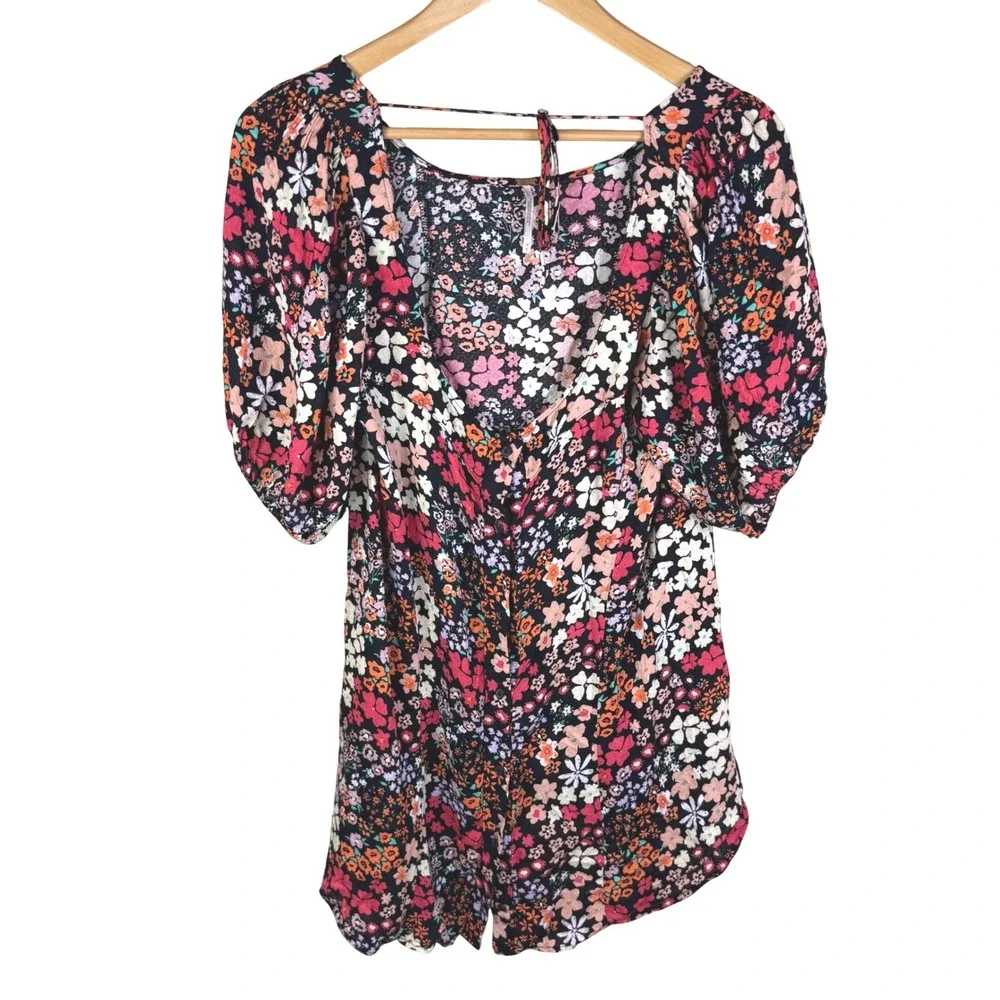 Free People Callie Printed Tunic Black Floral Print Puff Sleeve Tie Back Top Med